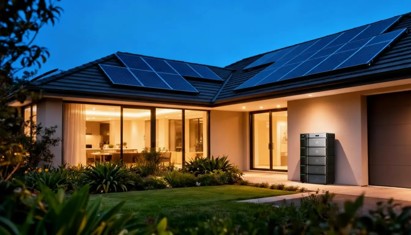 Modern home with solar panels and a home battery